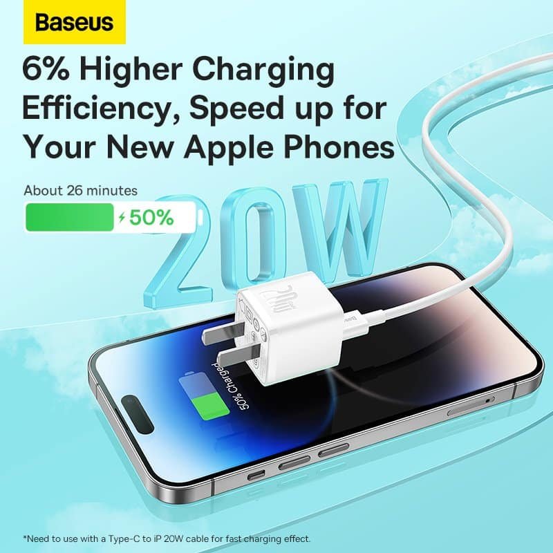 Baseus GaN5 Fast Charger 1C 20W CN Set (Mini) White(With Superior Series Fast Charging Data Cable Type-C to iP PD 20W 1m White)) 6 Baseus GaN5 Fast Charger 1C 20W CN Set (Mini) White(With Superior Series Fast Charging Data Cable Type-C to iP PD 20W 1m White)) - Image 6