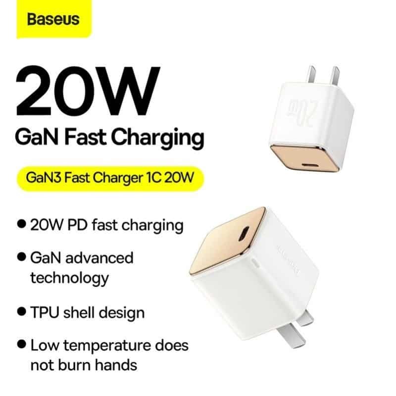 Baseus GaN3 Fast Charger 1C 20W CN 2 Pin White 4 Baseus GaN3 Fast Charger 1C 20W CN 2 Pin White - Image 4